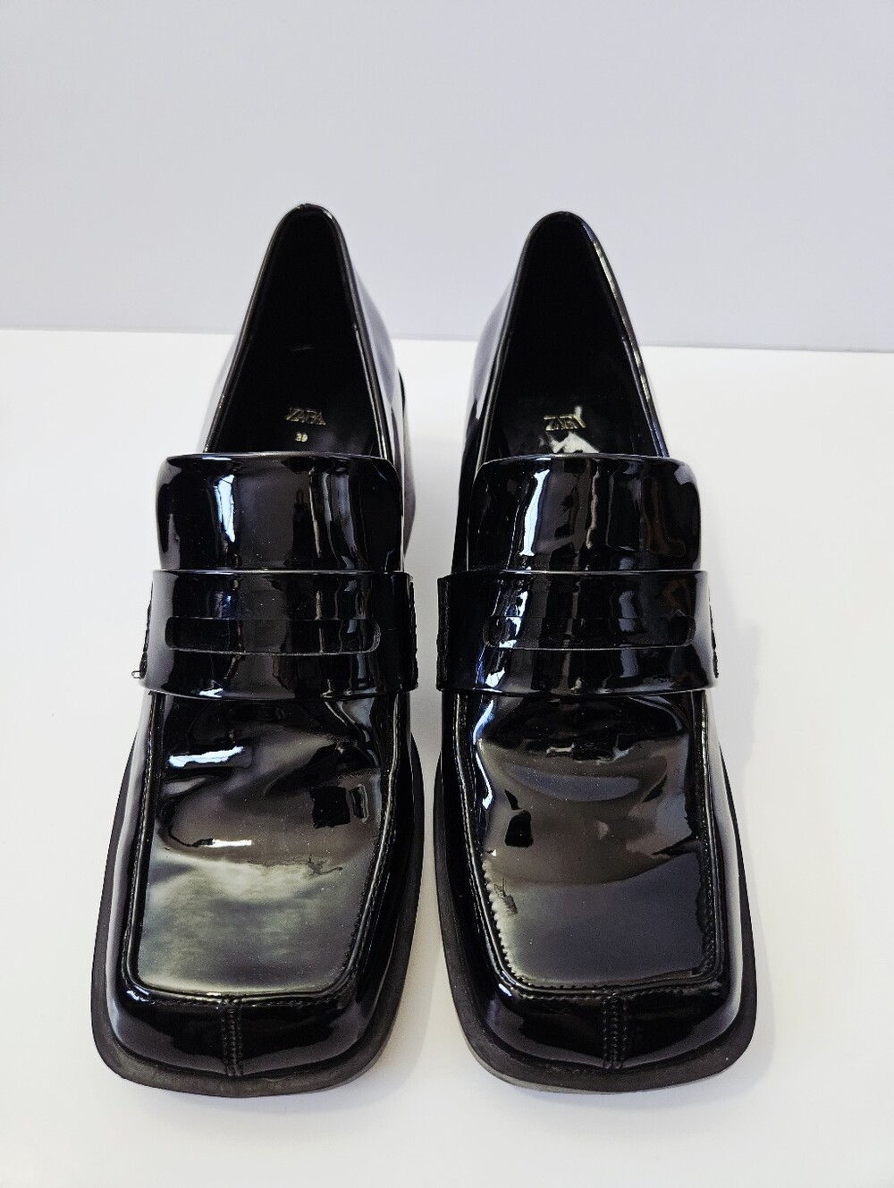Zara Black Patent Block Heel Loafers